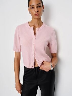 Reformation “Maude” Pink Button-Front Short-Cashmere Sleeve Sweater (L) EUC